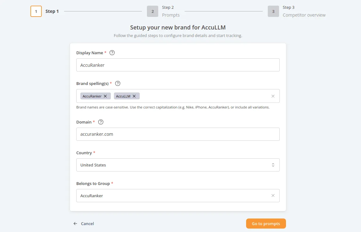 Step 1 of the wizard: brand name, spellings, domain and country