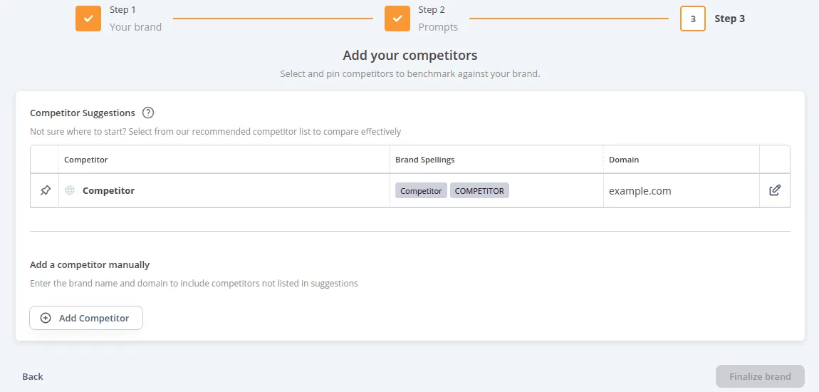 Step 3 of the wizard: pinning competitors